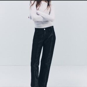 ZARA | Women's Black Satin Effect Shiny Metallic Mid Waist Straight Leg Pants